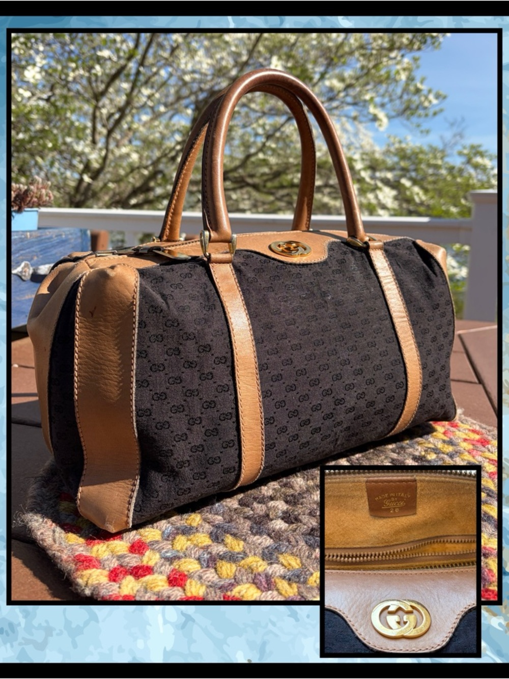 Vintage Gucci Micro GG Canvas Boston Bag Size 28 Black Tan Made in Italy